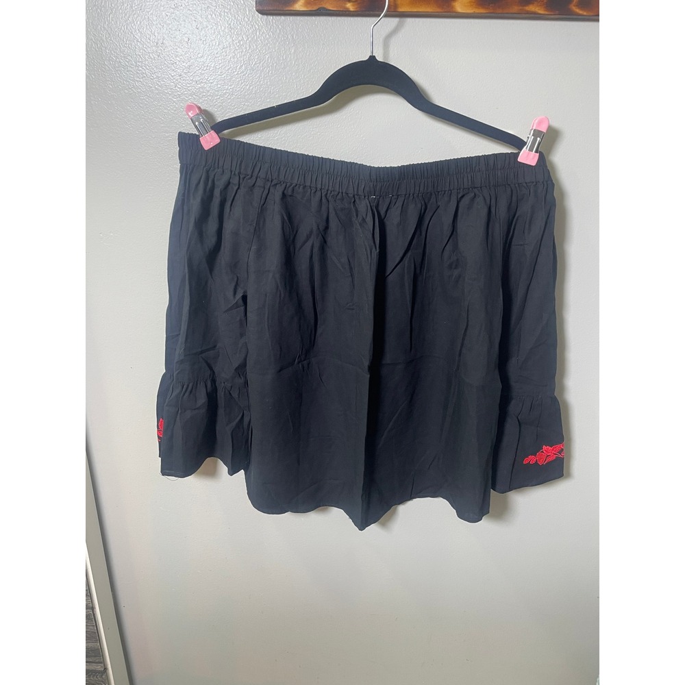 C Black Off Shoulder Embroidered Floral Ruffle Sleeve Cotton Top XL S3380ME1570